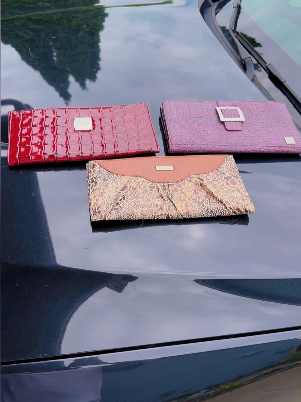 Miche Purple and Red Croc-Embossed Clutches with Animal Print Accent - Picture 2 of 8
